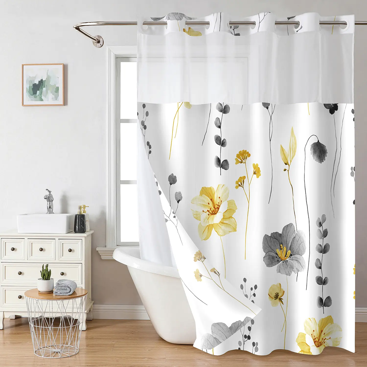 Ink and wash Floral double-layer shower curtain, no hooks, fresh country style home decoration, bathroom accessories, 72x75in