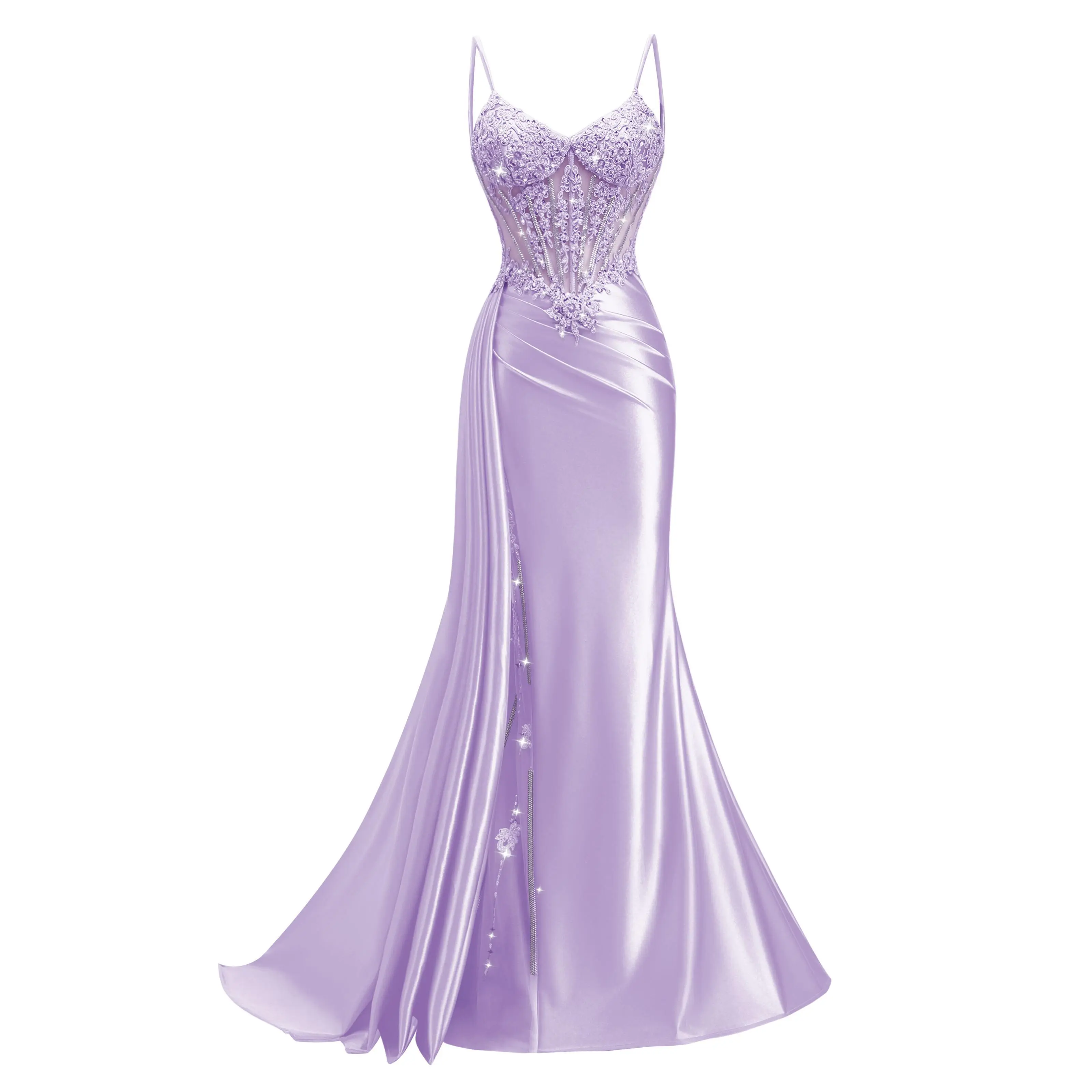 Women’s 2026 V-Neckline Satin Lace Appliques Mermaid Prom Dresses Spaghetti Strap Corset Ruched Formal Evening Gown With Sparkly Side Slit & Train