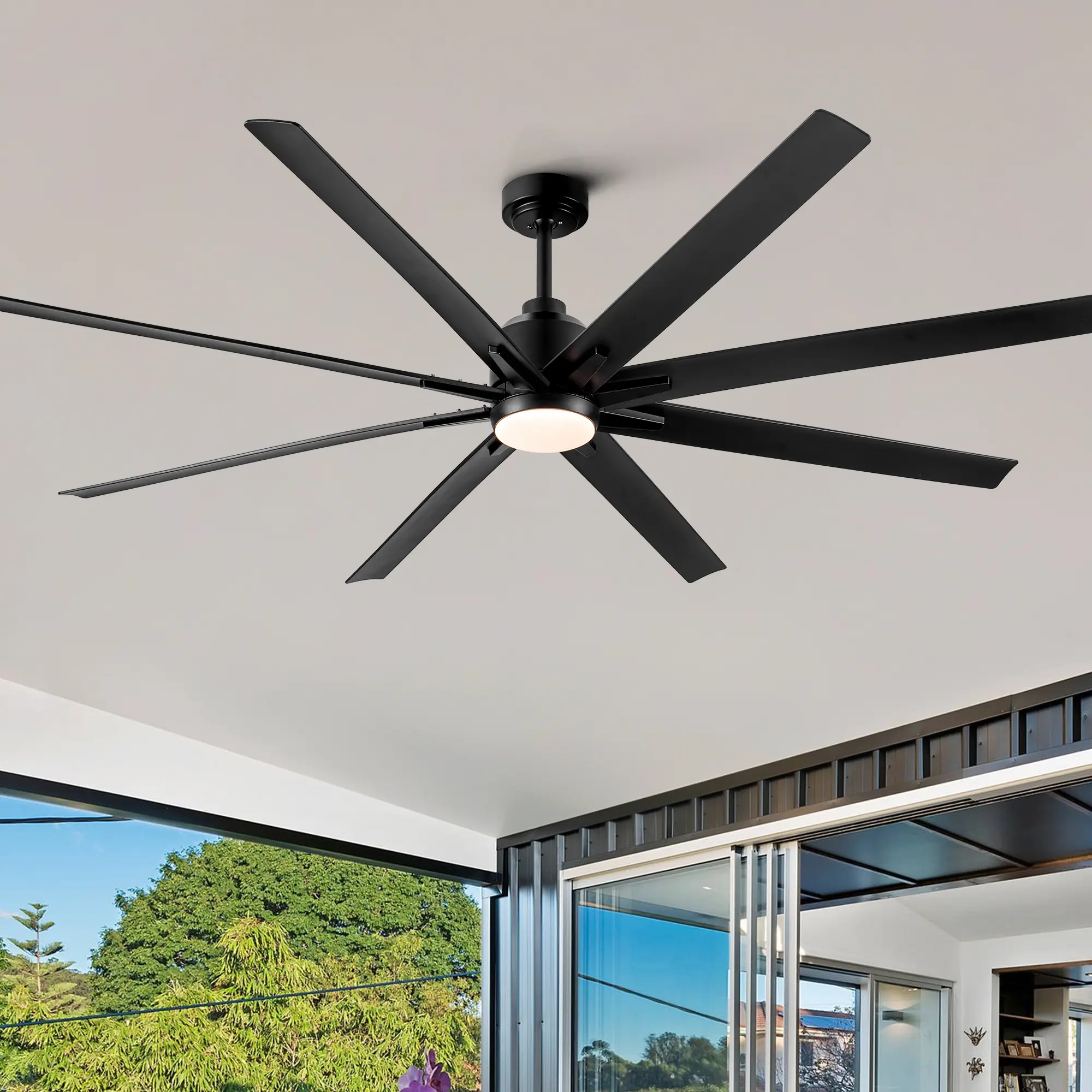 YUHAO Coastal 72 inch Large Ceiling Fan with Light, Matte Black Windmill Integrated LED ABS Blades, Reversible DC Motor and Remote Control For Indoor Bedroom Living Room or Covered Outdoor