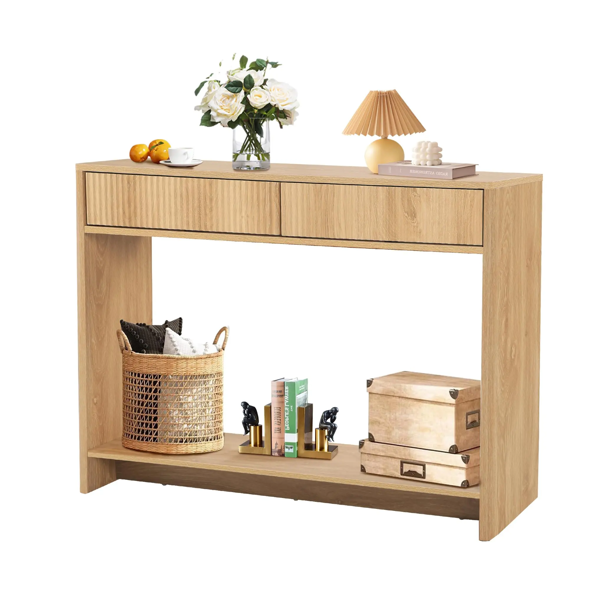 Giratree 55.12” Narrow Fluted Console Table with 3 Drawers, Mid-Century Modern MDF Entryway Sofa Table with Storage Shelves, Long Wooden Couch Table for Living Room, Hallway, TV Console, Foyer