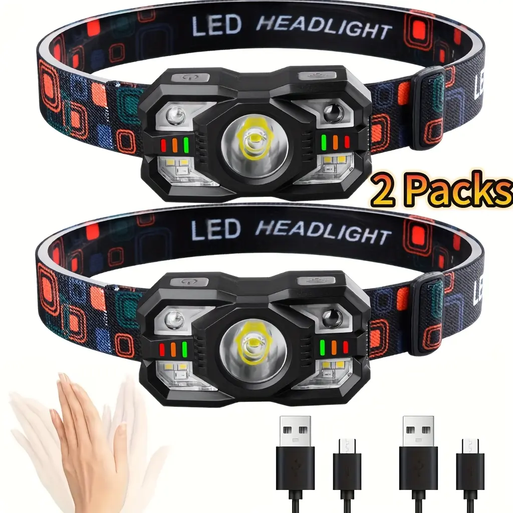 ADLIGH LED Headlamp (2 Packs) - Headband, 1200 Lumens, 300m Beam, Motion Sensor, 8 Modes, USB Rechargeable, 0-45° Adjustable, High-Power Portable Flashlight, Sensor Lights, Camping Outdoor Gadgets, Adult Emergency Prep Home Improvement Tools, Compact