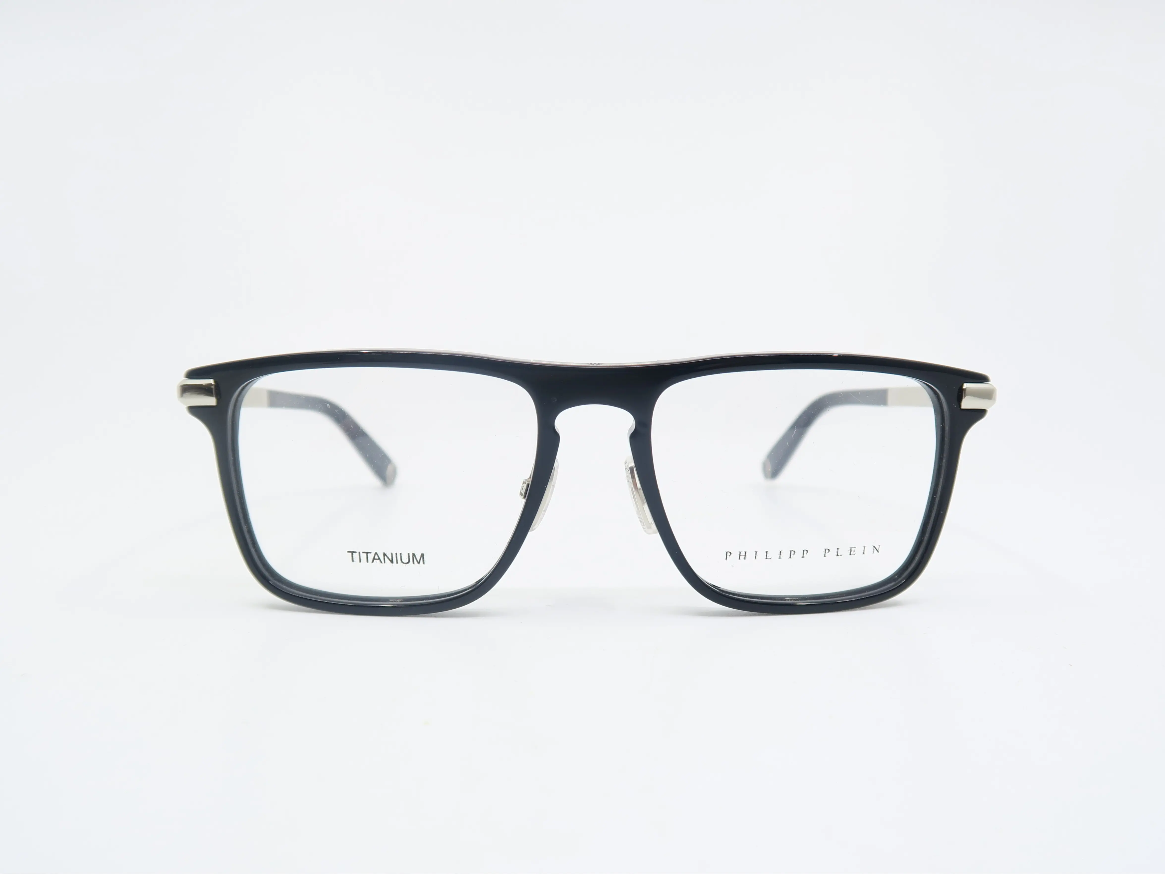 Philipp Plein First Love VPP019 Square Eyeglasses | Solid Gloss Black Acetate Frame with Engraved Philipp Plein Titanium Temples | Made in Italy, Microfiber Cloth, Eyeglasses Frames, Black Gloss End Tips, Unisex, Statement Frame Glasses