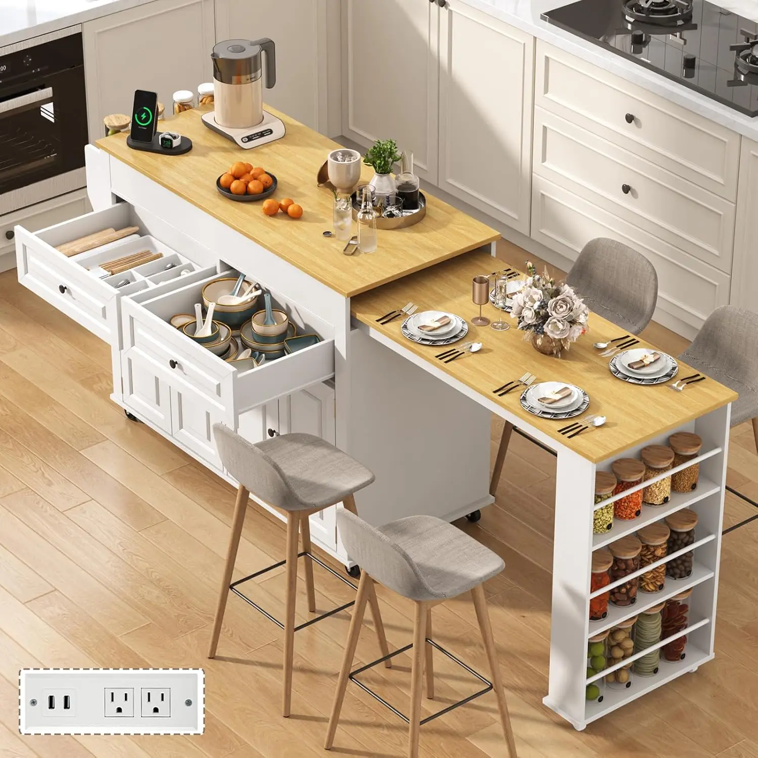 80"-48" Extendable Kitchen Island with Extended Dining Table and Power Outlet,Large Mobile Kitchen Storage Islands with 2 Storage Drawers,Rolling Islands Cart with 3 Extra Rows Open Shelves(White/Black/Marble Black/Brown/Blue)