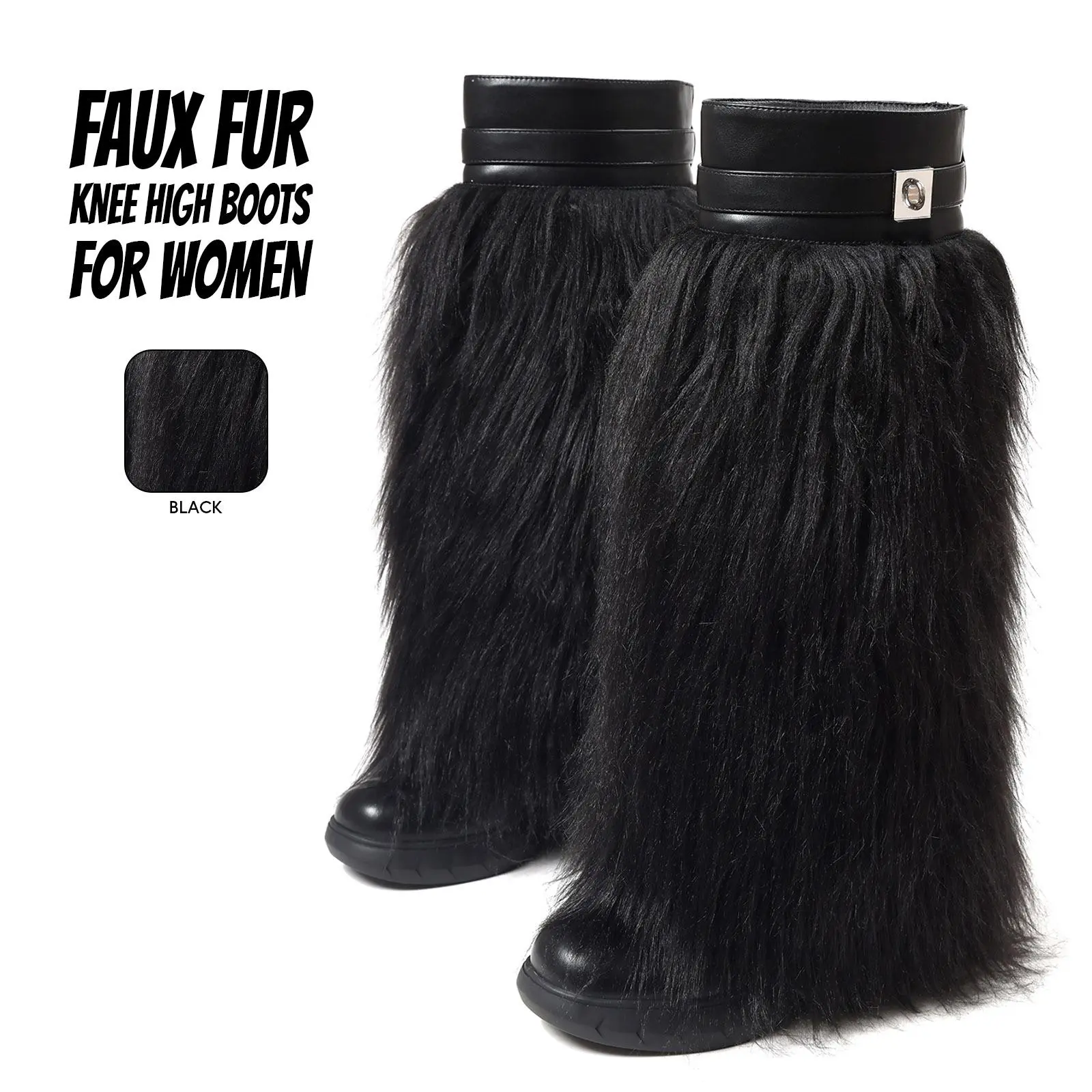 Womens Faux Fur Knee High Boots Round Toe Wedge Heel Hidden Side Zipper Strap Lock Comfy Easy Pull on Warm Cozy Snow Boot Party Wedding Date Nightouts Dressy Fashionable Spring Summer Trendy Fluffy Furry Shoes