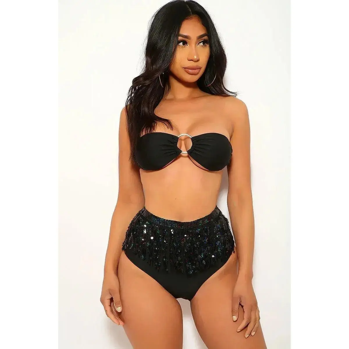 Black Fringe Sequins Bandeau Two Piece Swimsuit