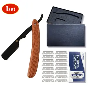 Professional Men's Shaver,Edge Barber Wood Handle Razor with 20 Replaceable Blades, Manual Beard Shaving Care Tool Stainless Steel Professional Barber Razor anti-slip design safety easy replacement Folding Dermaplane Facial metal Razor Reusable Sleek kit