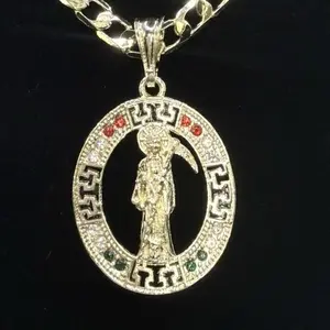 Santa Muerte Medalla Cuban Chain Necklace 24” inches Gold plated