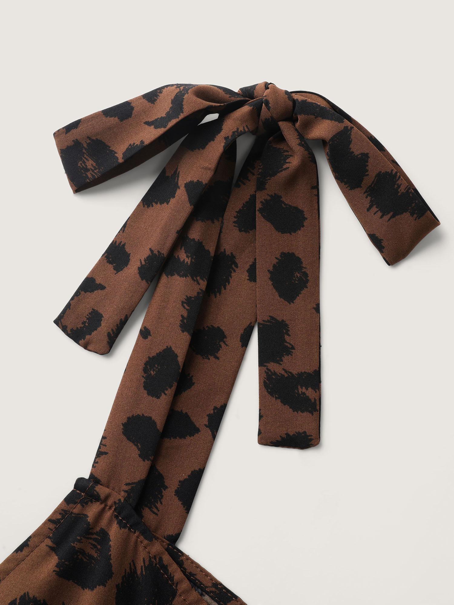 BLOOMCHIC Leopard Print Shirred Light-weight  Oversized Shoulder Ties Jumpsuit Fit Sleeveless Square Neck Casual Overalls Side Seam Pocket Womenswear Stretch Coveralls 2026 Spring Break Gift For Easter's Day Mother's Day SpringStatements