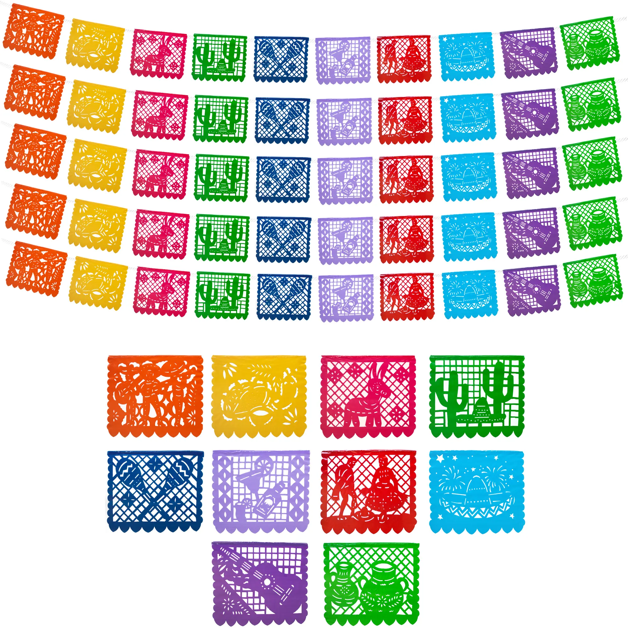 Mexican Party Banners (5 Pack with 10 Plastic Flags per Banner) - Cinco de Mayo Party Decorations - Papel Picado Cinco de Mayo - 5 de Mayo Decorations - Mexican Themed Party Decorations 5 de Mayo