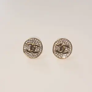 Pre-owned Chanel Round CC Pave Crystal Stud Earrings Gold Tone ss5865