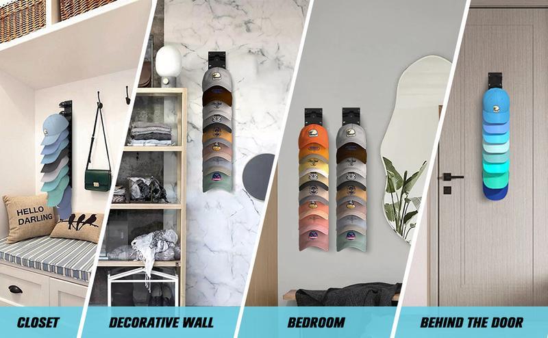 2-Pack Wall-Mounted Hat Organizer | Baseball Cap Rack (Black), Adhesive valentine's gift for bf，Mount, Stable Structure, Holds 20 Hats, Easy Access & Installation, Hanging Display for Closet, Door & Bedroom，