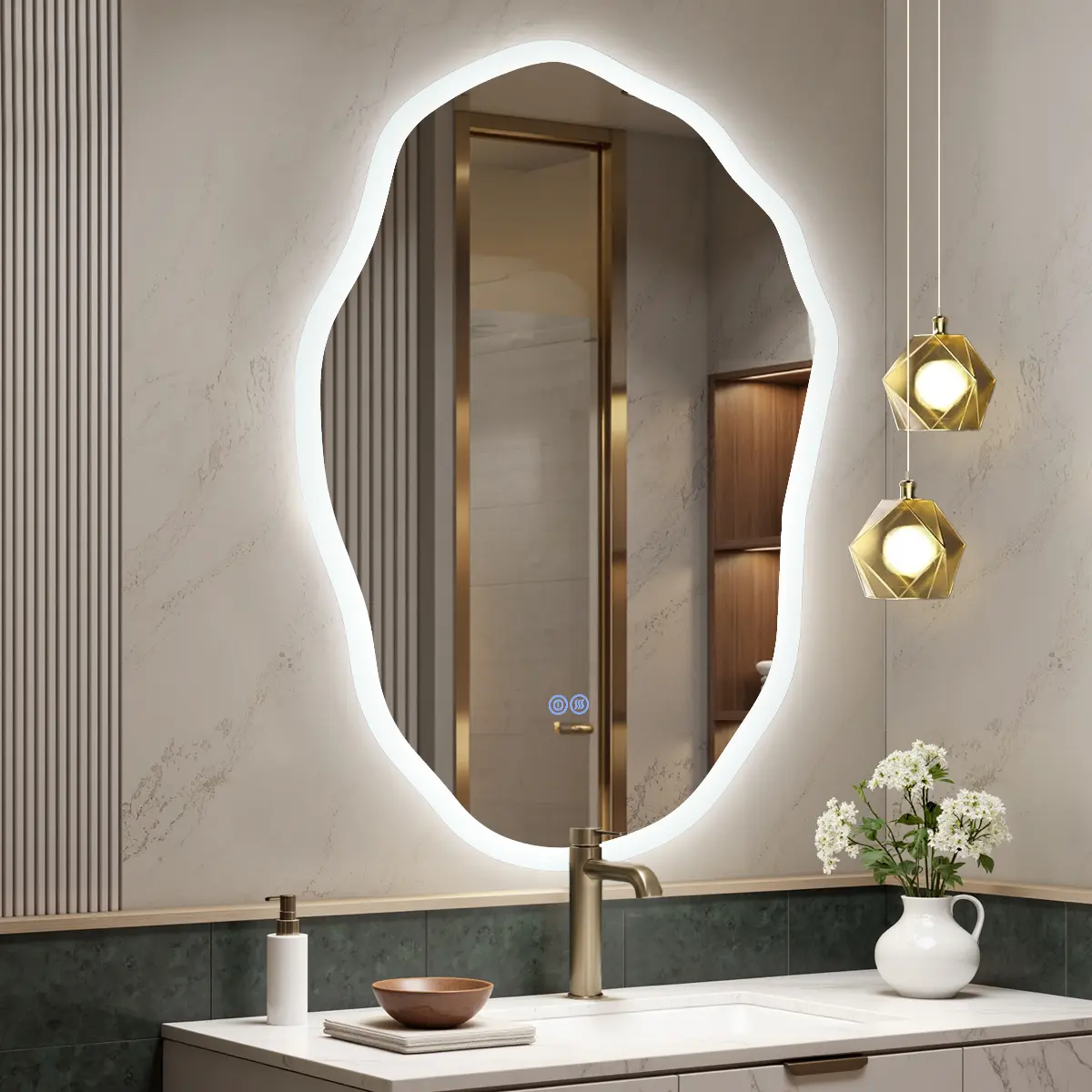 Modern Frameless Irregular-Shape Bathroom Vanity Mirror, Backlit & Front Lit, Dimmable, Anti-Fog, Wall-Mounted