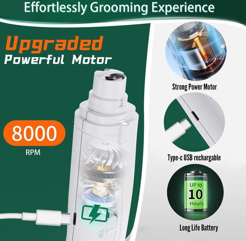 Pet nail grinder, multifunctional dog nailtrimmerand cat nail trimmer kit, ultra quietelectric petnail grinder, rechargeable, suitable fortrimmingsmall and large dogs, with a 4-hourbattery life pet hair