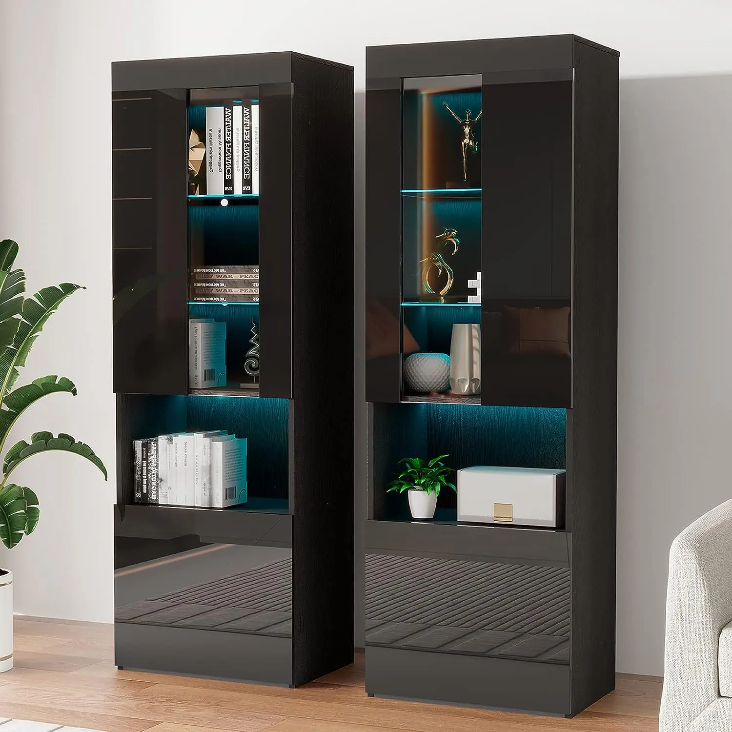 Amerlife 2 71" Tall Bookcase Storage Cabinet with Glass Doors, LED Bookshelf Display with 5 Tier Storage Shelves & Adjustable Glass Shelves/Best Gift Ideas/Christmas Gifts