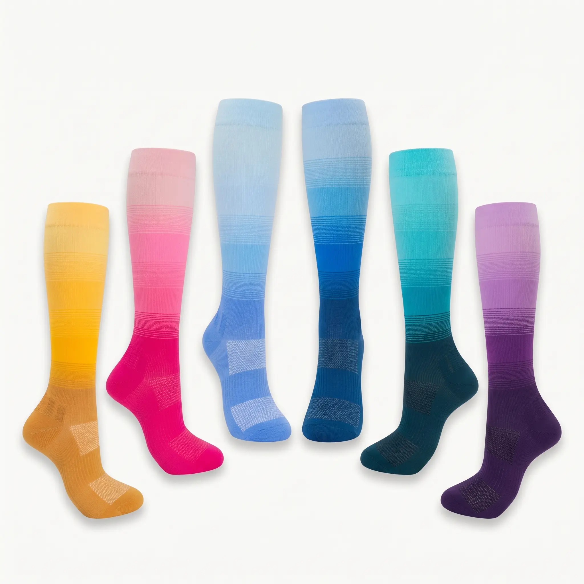Unisex 15-20 mmHg Graduated Pressure Compression Socks, 6 Pairs Colorful Gradient Knee High Polyester Blend All-Season Workwear Socks for Nurses, Travel