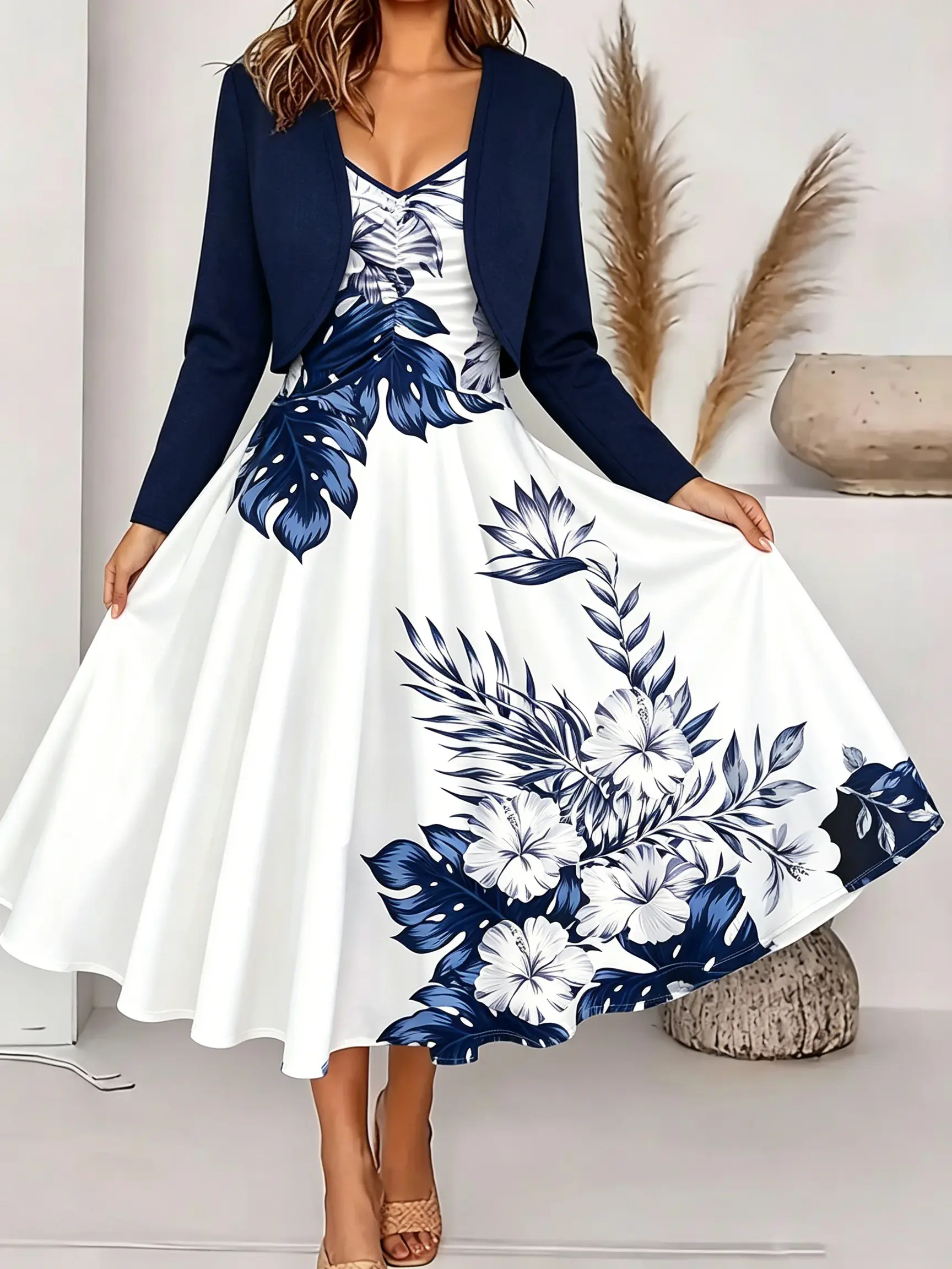 Elegant women’s spring/autumn two-piece set: V-neck long-sleeve cover cardigan + retro blue-and-white tropical floral strappy maxi dress