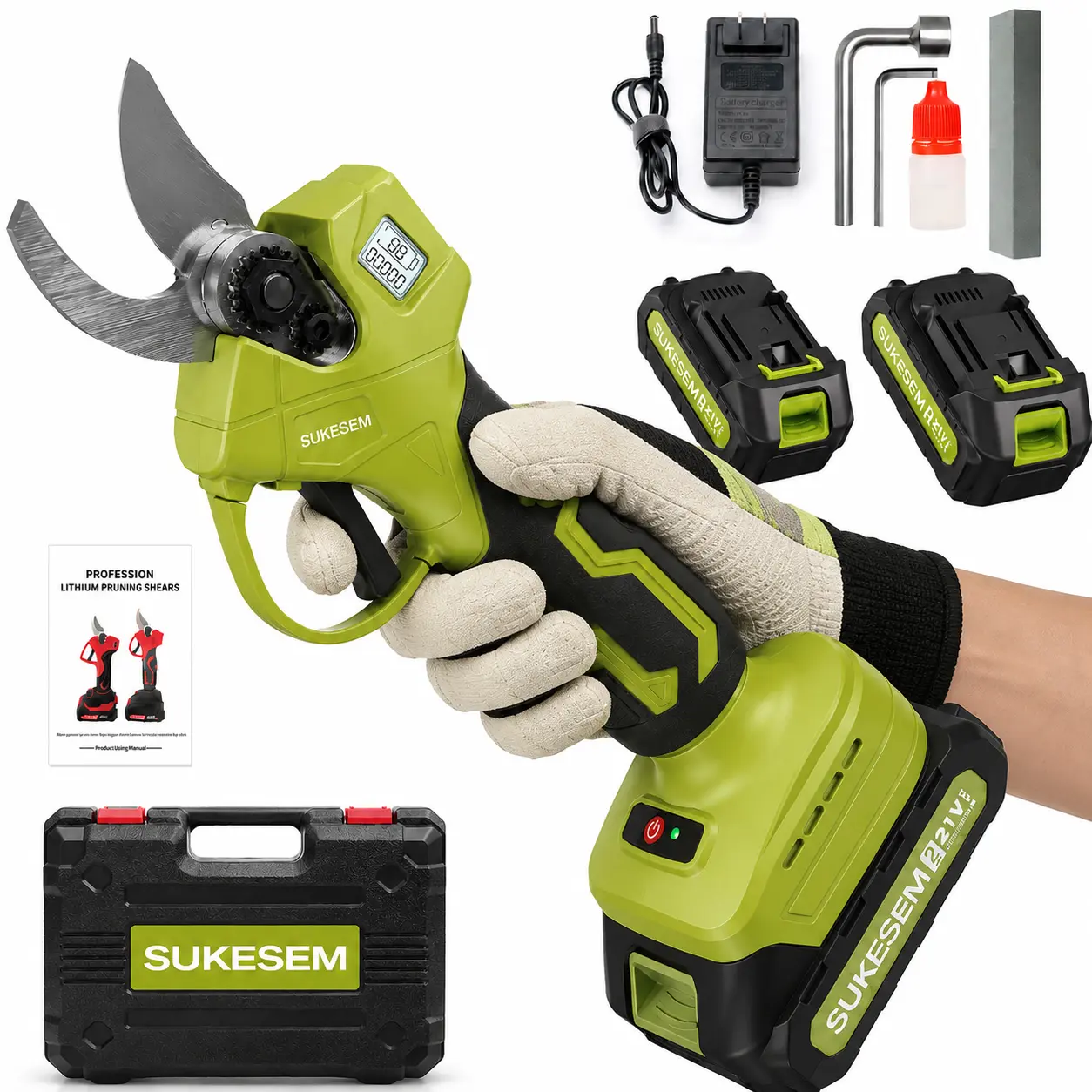 21V Cordless Electric Pruning Shears, Heavy Duty Garden Pruning Tool with 1.6in Cutting Capacity, LCD Display for Tree Trimming & Branch Cutting, Shears + Tools