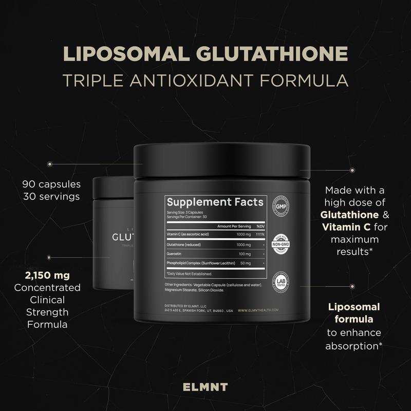 ELMNT 2150mg  Antioxidant Liposomal Glutathione Supplement w. Vitamin C, Quercetin & Reduced L Glutathione 1000mg - Skin Glow + Immune - 90 Pills