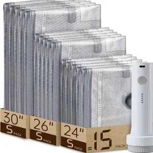 Cordless Travel Vacuum Bag Set- 15/ Pac Compression Bags for Carry-OnSuitcases - USB Rechargeable Handheld Pumpwith Built-In Battery - Space Saver for Clothes &Packing, Zipper Pouches Durable, LightweightOrganizer Fitting Cover