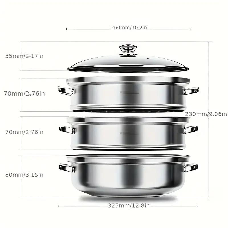 3-Piece Stainless Steel Steamer Set: Double-Eared, Metal Steam Baskets. Handles for Easy Use. Ideal for Cooking and Steaming.