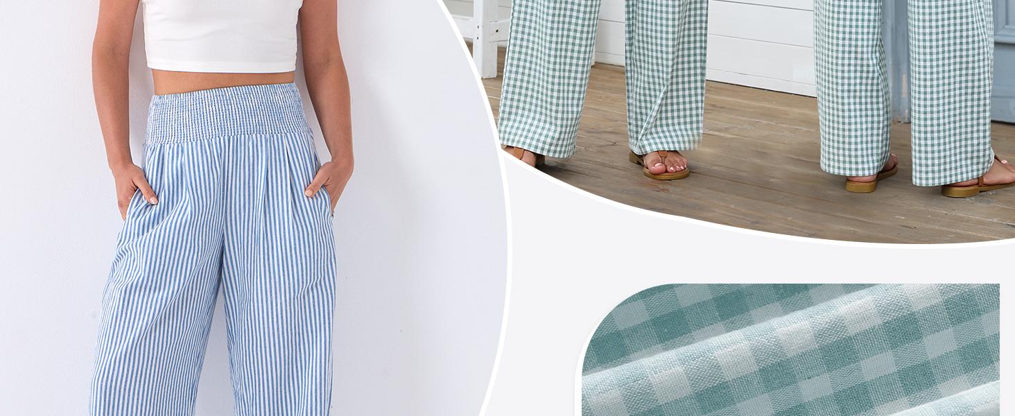 ANRABESS Womens Striped Gingham Palazzo Pants Lightweight Wide Leg High Waisted Lounge Pajama Pants Cute Casual Trousers with Pockets for Comfort