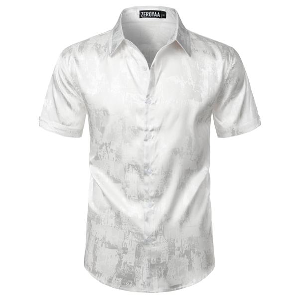 ZEROYAA Men's Shiny Luxury Silk Satin Jacquard Dress Shirt Short Sleeve Button Up Shirts for Party Prom