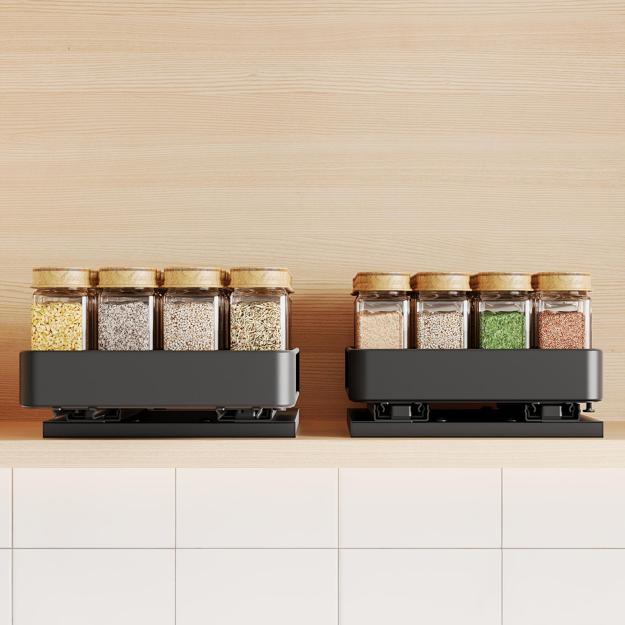 2pcs Cabinet Pull Out Spice Rack, Rust Proof Under Cabinet Spice Bottle Stainless Steel Organizer, Adjustable L Shaped Spice Rack Storage Counter, Double Rail Spice Organizer, Sliding Design, Kitchen Accessories, Space Saving DesignDesign
