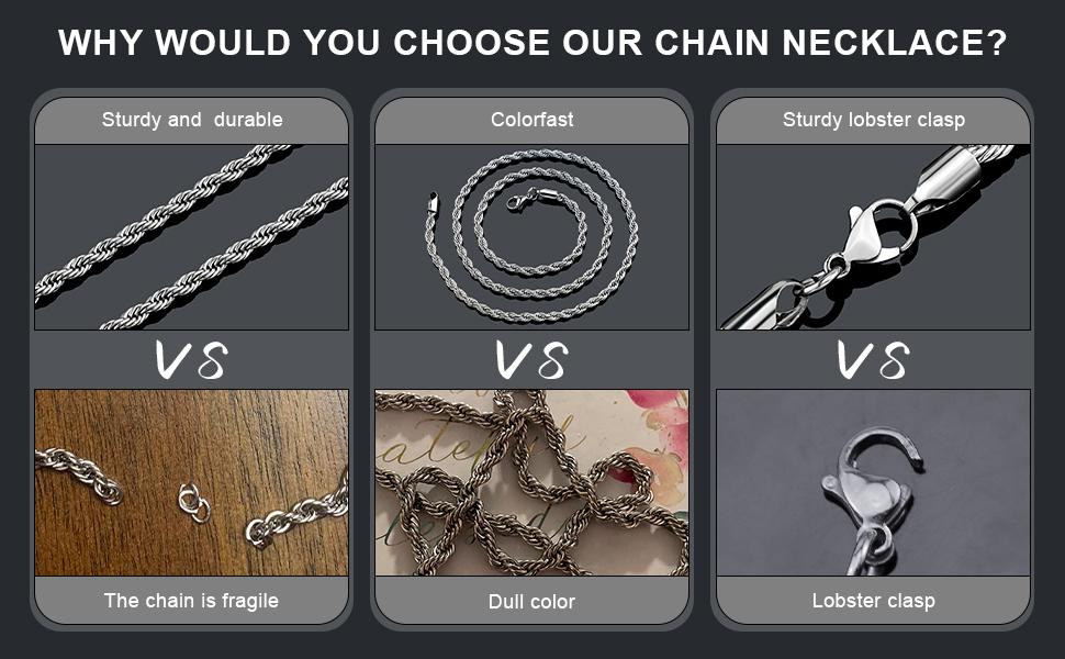 2/2.5/3/4/5/mm Rope Necklace for Men and Women, Silver Rope Chain for Boys and Girls