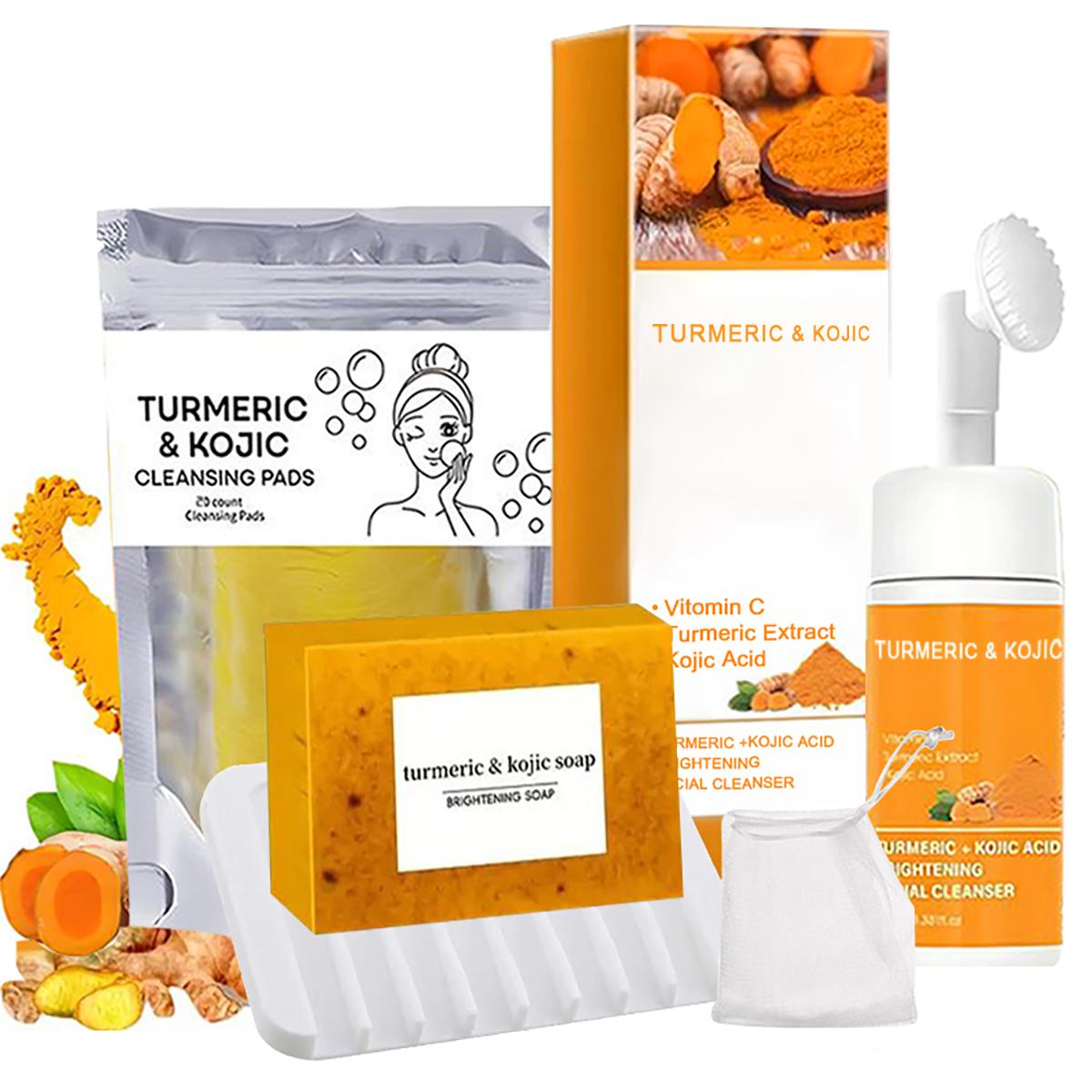 TURMERIC Wash And Care 5 Piece Set-Turmeric Mousse Cleansing,Turmeric Tablets,Self Draining Soap Dish,Exfoliating Foaming Soap Bag,Turmeric Soap Facial Cleansing Skincare Comfort Kit.