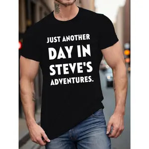 Men's Funny Steve-Themed T-Shirt - Just Another Day In Steve's Adventures White Text Print, Black Retro Casual Tee with Steve's Face/Name Design, All-Season Fit Round Neck Shirt for Casual Attire & Gifts (Steve Fans Apparel) Graphic Oversized