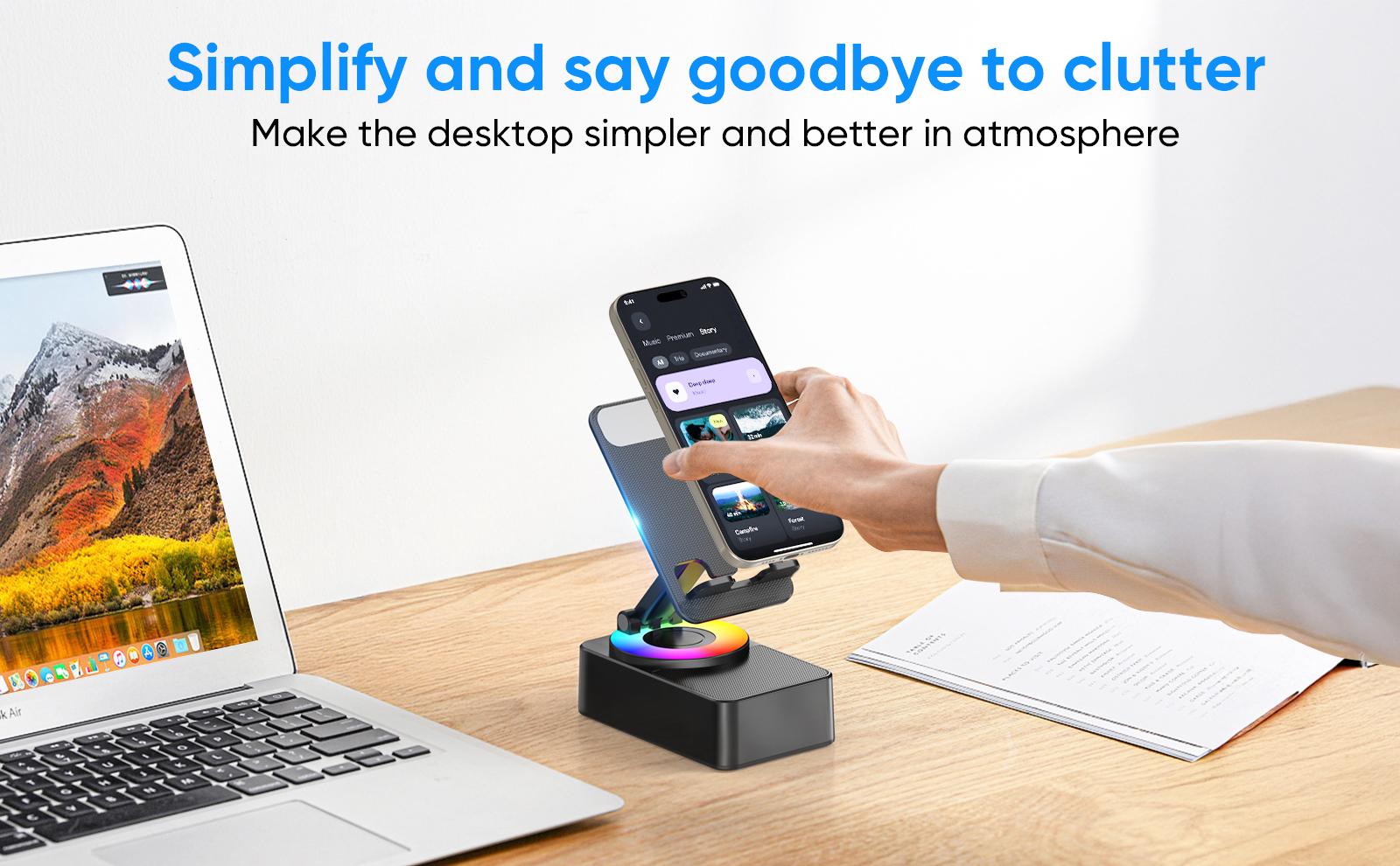 IMOLI Wireless Audio Induction Bluetooth Speaker with Emergency Charging 5in1 Phone Holder Power Bank LED Nightlight for Tablet iPhone Android 5.3 Connectivity 1500mAh Battery 100Hz-20kHz Frequency Response New Design Durable Smart Device