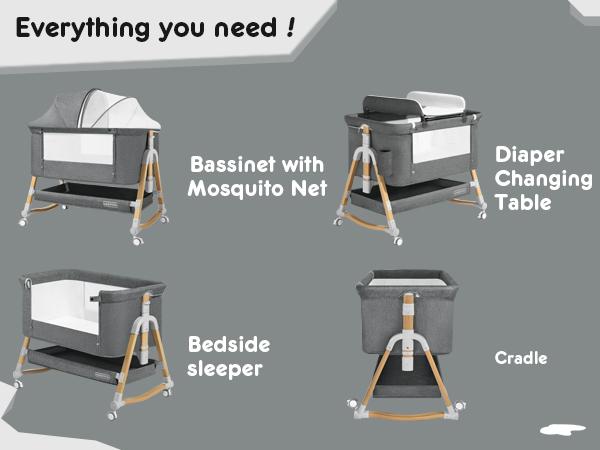 HARPPA 3-in-1 Foldable Baby Bassinet Bedside Sleeper, Rocking Bassinet with Mattress & Cover, Height Adjustable Bassinet for Baby with Wheels, Crib For Infant