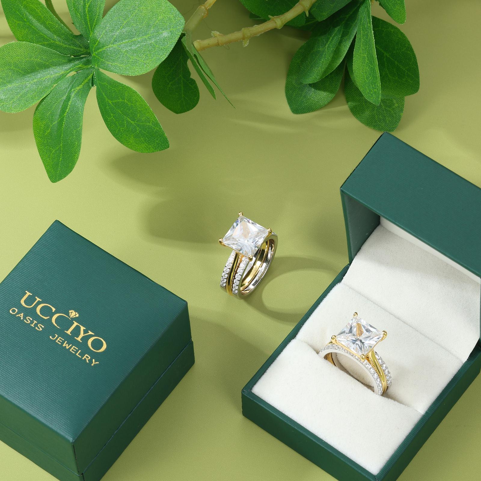 UCCIYO[R170]ct Two-Tone Princess Cut & Sparkling Square 2-Piece Ring Set – Perfect for Anniversary, Birthday, Valentine’s, Engagement & Everyday Wear – Timeless Elegant Design for Her