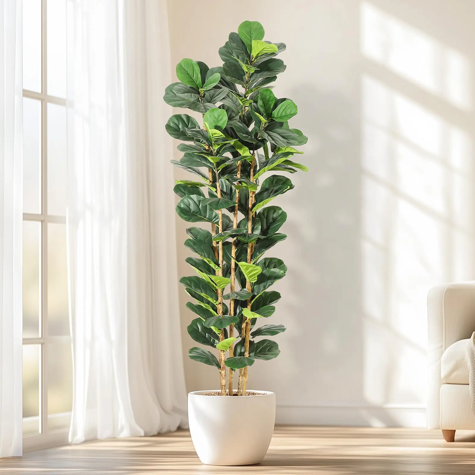 YJ-Garvee 7-Foot Tall Realistic Polyester Artificial Fiddle Leaf Fig Tree with White Tall Pot, 107 Synthetic Leaves, Ideal Gift for Home, Office Decor (Home Supplies Decorative Fake Plant)
