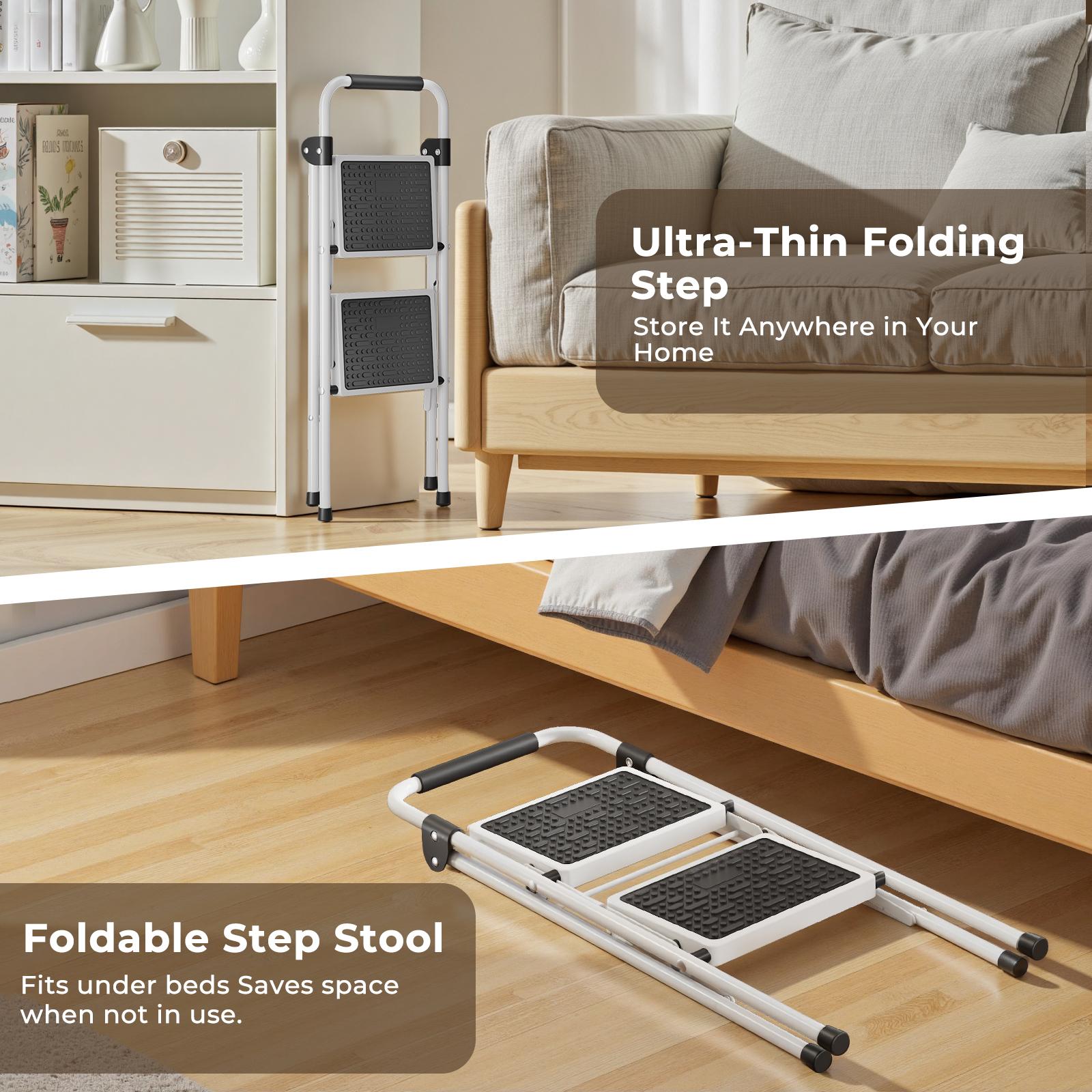 Flycity  2-step ladder, 2-step stool, adult folding step stool, with soft padded handle, wide anti-slip platform with ergonomic design. Adult portable step stool, multi-purpose for home, kitchen, office.