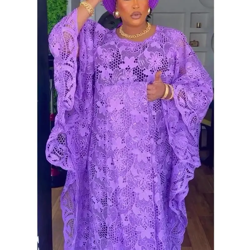 Elegant African Dresses for Women Muslim Fashion Boubou Abayas Robe Dashiki Ankara Lace Outfits Evening Gown Kaftan Maxi Dress Maxidresses with Sling Dress & Headscarf White Color