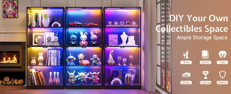 VanAcc Display Cabinet with RGB Lights, 4-Tier Storage Display Case for Collectibles, Adjustable Shelves, MDF and Tempered Glass, Black