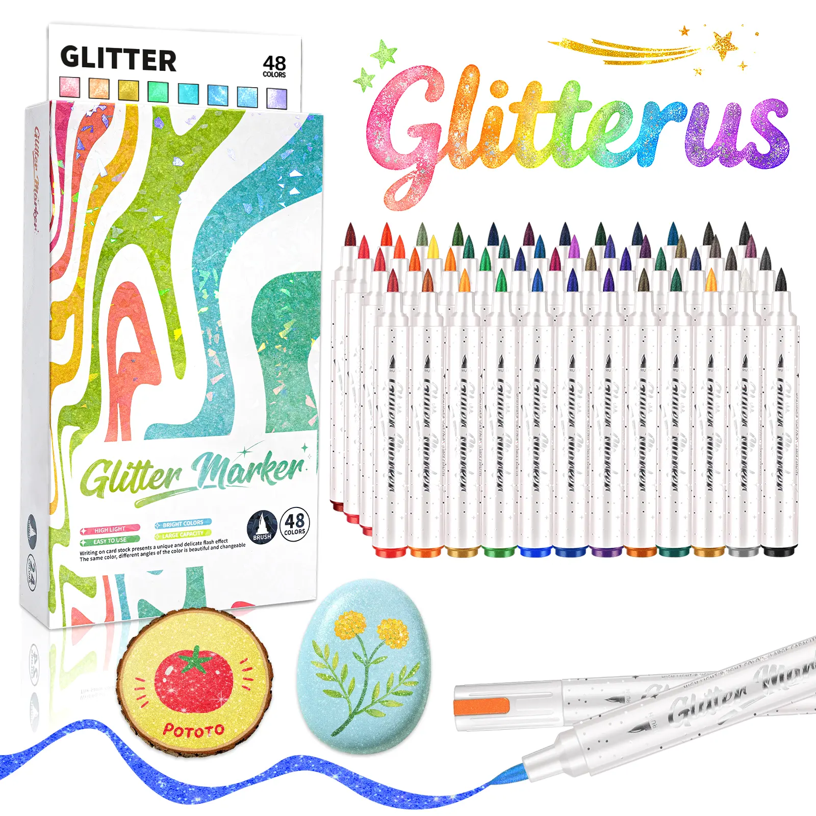 Glitterus Jumbo Bright Glitter Markers & Daubers (12/24/36/48 Packs) - 1mm-8mm Adjustable Fiber Brush Nib, 3x Extra Large Ink Capacity, Unisex Art Supplies for Kids & Adults, Back to School Haul, Spark, DIY Crafts, Office Stationery