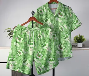 Sprigatito Hawaiian Shirt, Cute Grass Cat Summer Outfit, Funny Tropical Button-Up, Matching Vacation Shirt and Shorts for Anime Fans