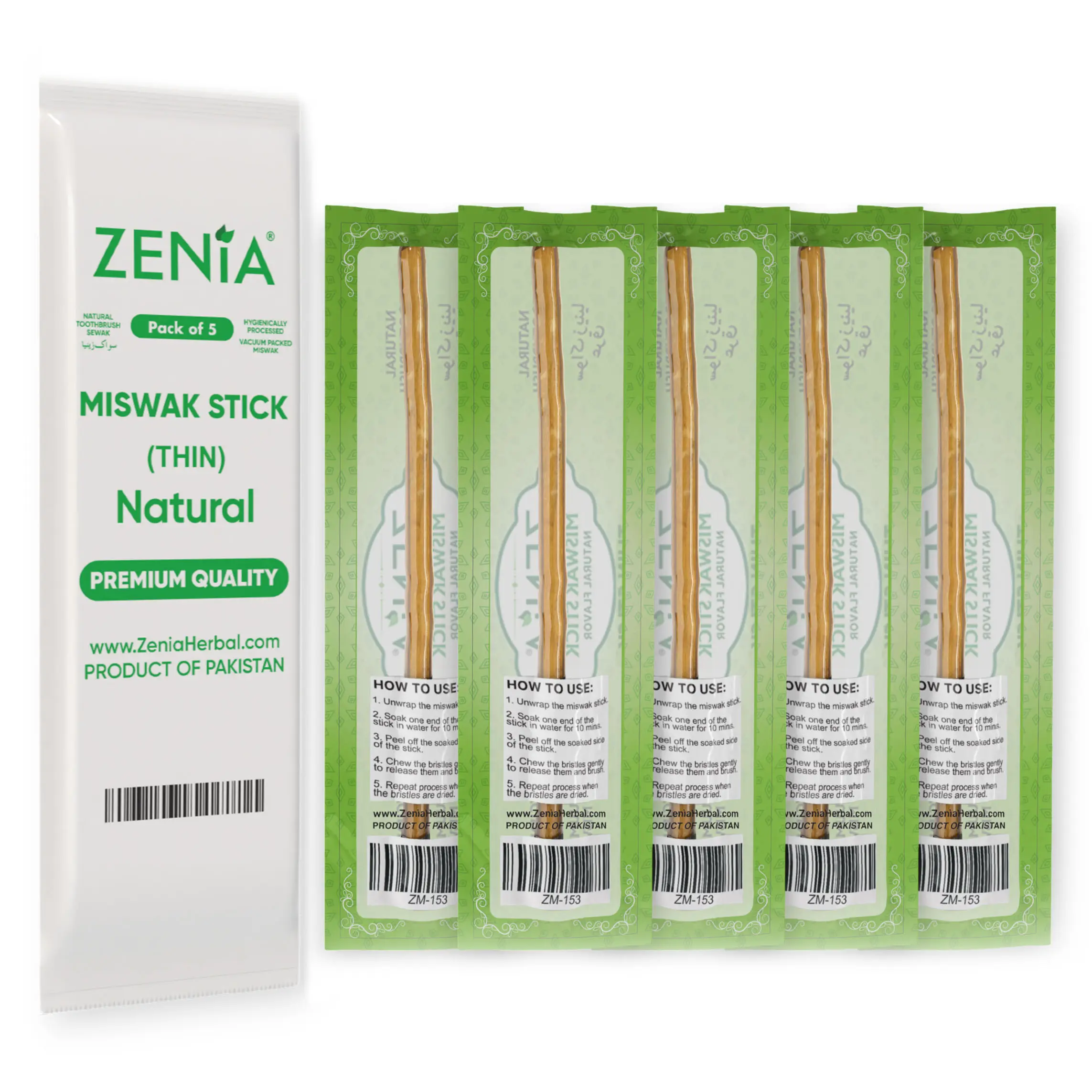 (5 Pack) Thin Zenia Sewak Miswak Natural Toothbrush Thin Sticks Oral Care