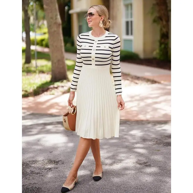 ZESICA Women's Striped Knit Sweater Dress - Comfortable Soft Longsleeves, Round Neck, Ribbed Midi A-Line Swing with Buttons, Apricot Fall Winter Casual Dress
