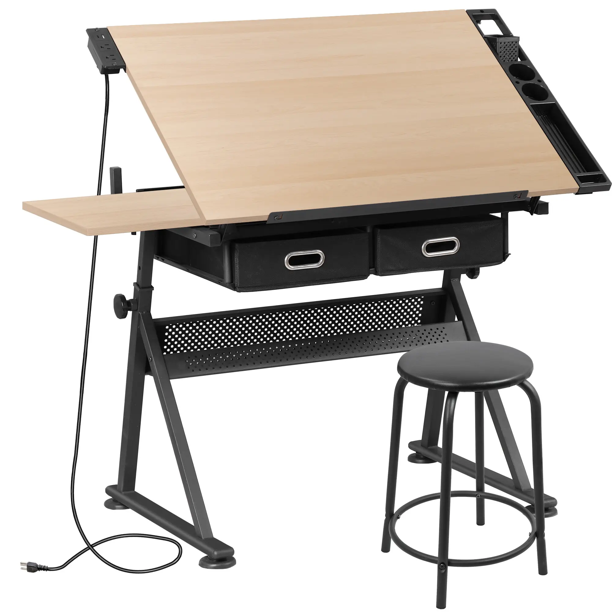ZENY Heavy-Duty MDF & Metal Adjustable Drafting Table - 44.7-54"l x 23.6"w x 27.2-37"h, Type C/USB Ports, Padded Stool, Tiltable Slide-Out Top, Sliding Drawer, Assembly Required, Beige Home Office Furniture for Writing,Crafting