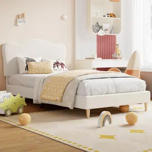 Upholstered Full Size Bed Frame for Kids with Scallop Headboard, Cute Velvet Full Bed for Girls, Boys, Sturdy Platform Bed, No Box Spring Needed, Wooden Slats, Noise Free, White