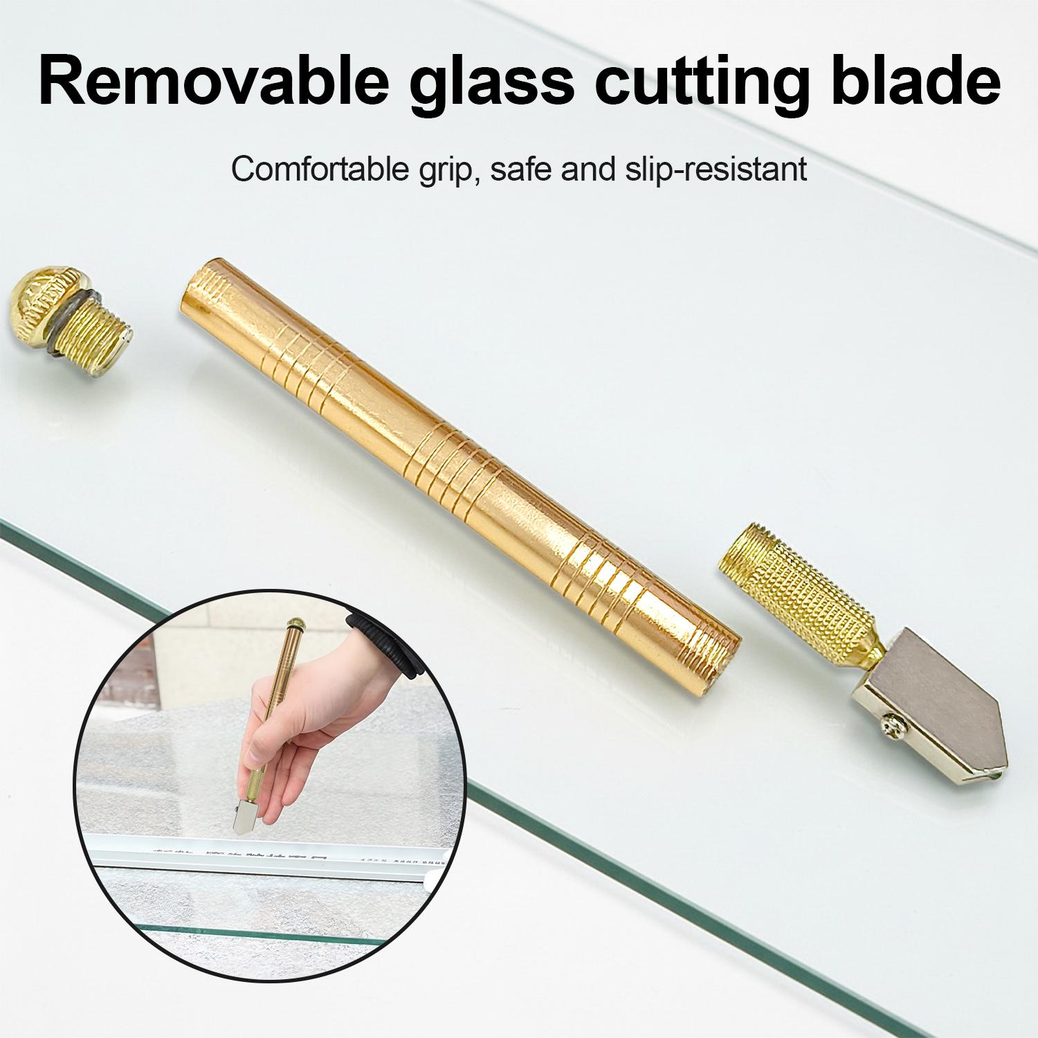 VAYWET Glass Cutter with Diamond Head & Steel Blade for 3-12mm Glass Professional Cutting, Anti-Skid Pencil Style Oil Feed Carbide Tip Golden Wheel 155mm Aluminum Metal Handle 3MM ALLOY LARGE WHEEL Work Tiles Mirror Cutting Hand tools