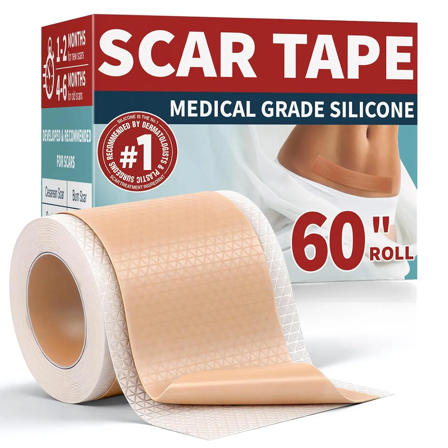 Reusable Silicone Scar Tape Roll Kit, 1.6in x 60in Easy-to-Cut First Aid Tape for Post-Surgical Care, Ideal for C-Section Scar Management