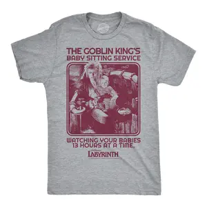 Mens Funny T Shirts The Goblin Kings Babysitting Service Jim Henson's Labyrinth Movie Tee For Guys Mens Funny T Shirts Cool Vintage Fashion T-Shirt Gift Classic Menswear Funny Movie Short Sleeve Novelty Tees Light Grey