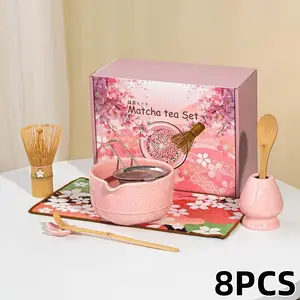 2026 Matcha Tea Set, 8-piece set with spout matcha bowl, cherry blossom pink ceramic, Valentine's Day gift, gift for tea lovers