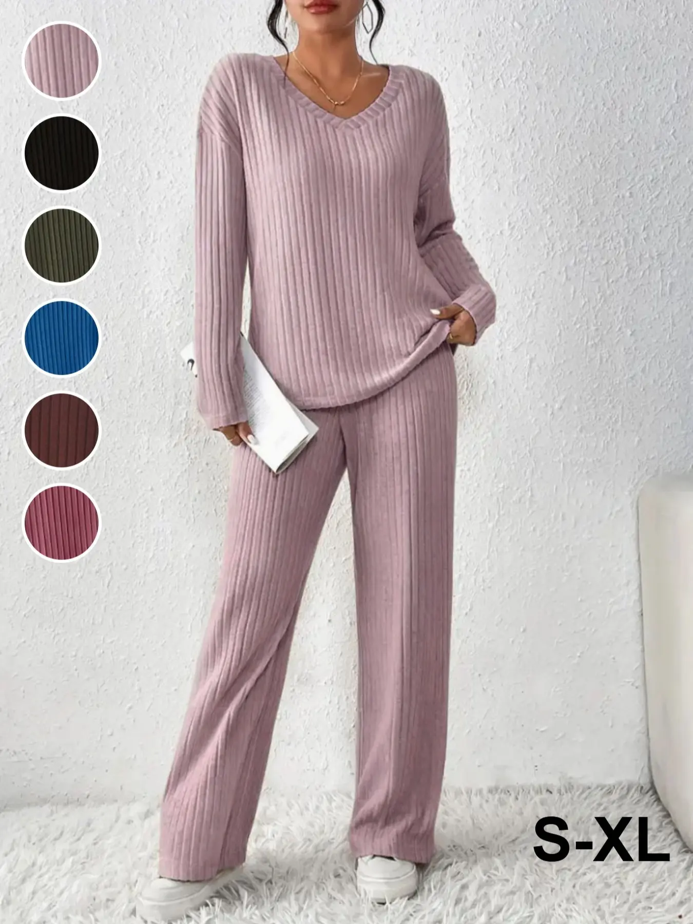 New Year Autumn Winter Loose Ribbed Fleece Two-Piece Set Outfit Women, V-Neck Long Sleeve Top and Straight Leg Pants Casual Everyday Womenswear Clothes Top Trousers Set