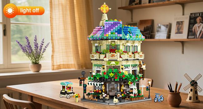 Flower Cafe House Building Set with Lights, 1876 PCS City Street Corner Shop Construction Model, Art Architecture Modular Building Block Kit Home Decor, Gift for Adults Teens Boys Girls 12+