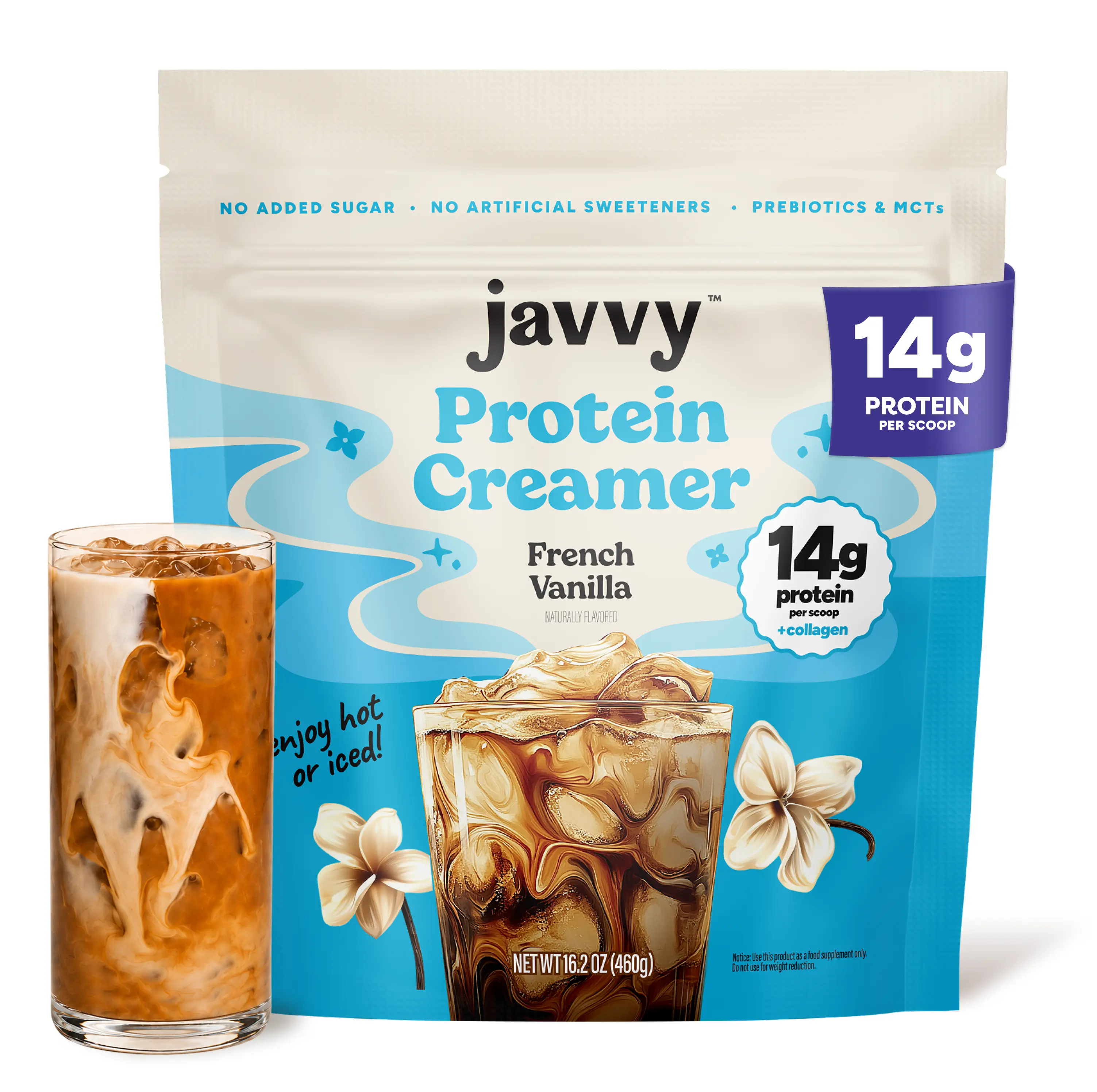 Javvy French Vanilla Collagen Protein Dairy Creamer Grass Fed Pasture Raised Collagen  Hair, Skin & Nail Support, Energy-Boosting MCTs, Keto Friendly, Gluten Free, No Added Sugar, 14g of Protein Beverage